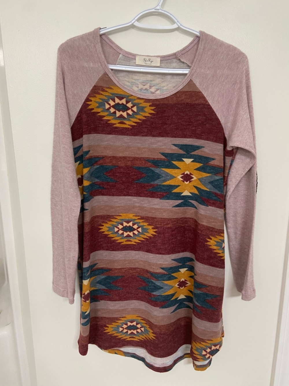 Be Stage Made in USA Long Sleeve Aztec Tunic - Dusty Rose with sequins elbows